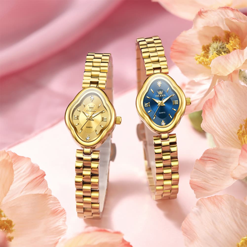 OLEVS 5666 Petal Case Vintage Dress Watch Gold Bracelet Quartz Jewelry Timepiece for Women - Gold Black | Olevs Watch Store