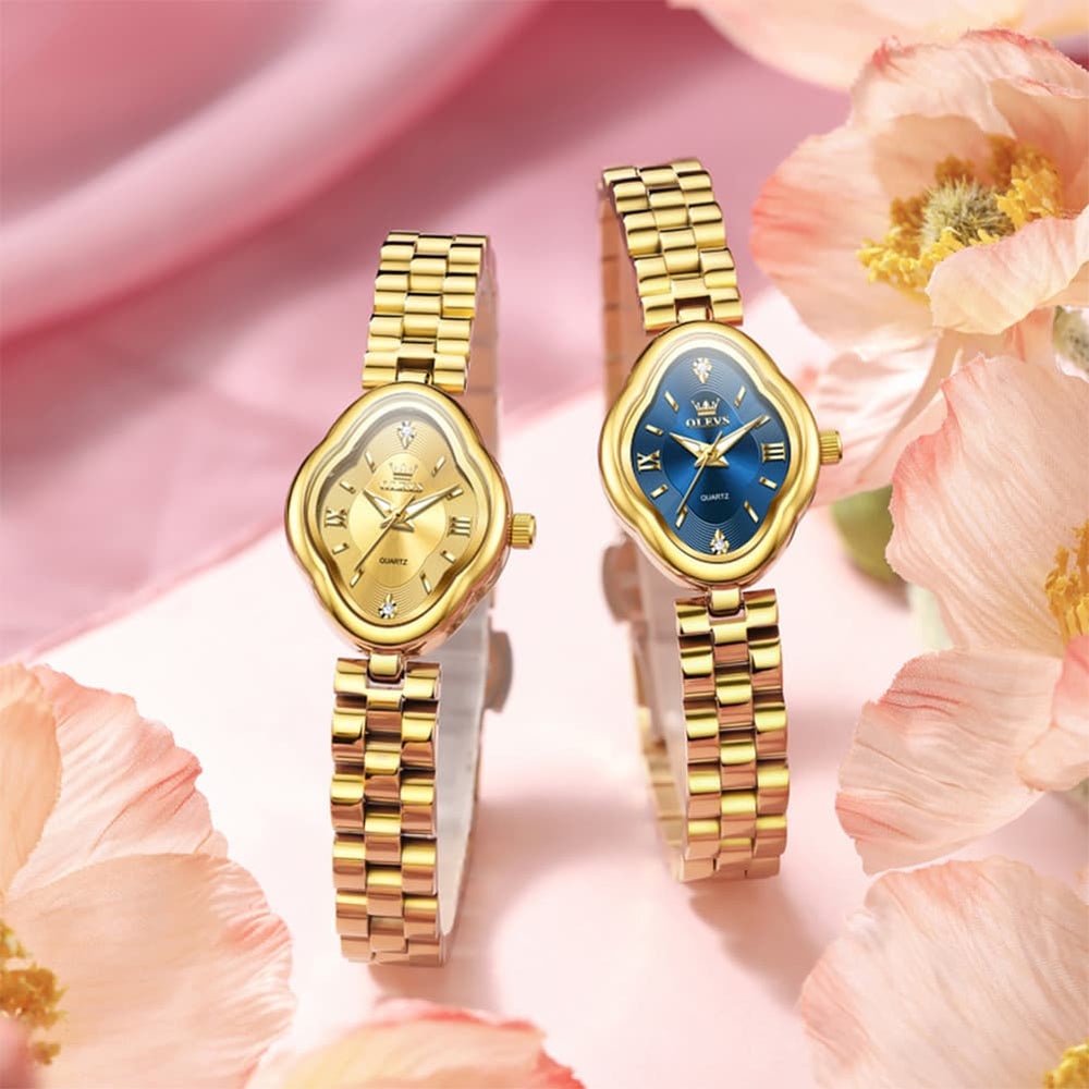 OLEVS 5666 Petal Case Vintage Dress Watch Gold Bracelet Quartz Jewelry Timepiece for Women - Gold Black | Olevs Watch Store