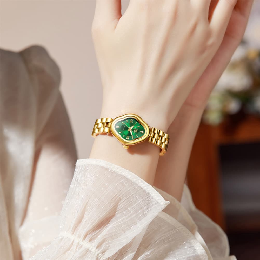 OLEVS 5666 Petal Case Vintage Dress Watch Gold Bracelet Quartz Jewelry Timepiece for Women - Gold Black | Olevs Watch Store
