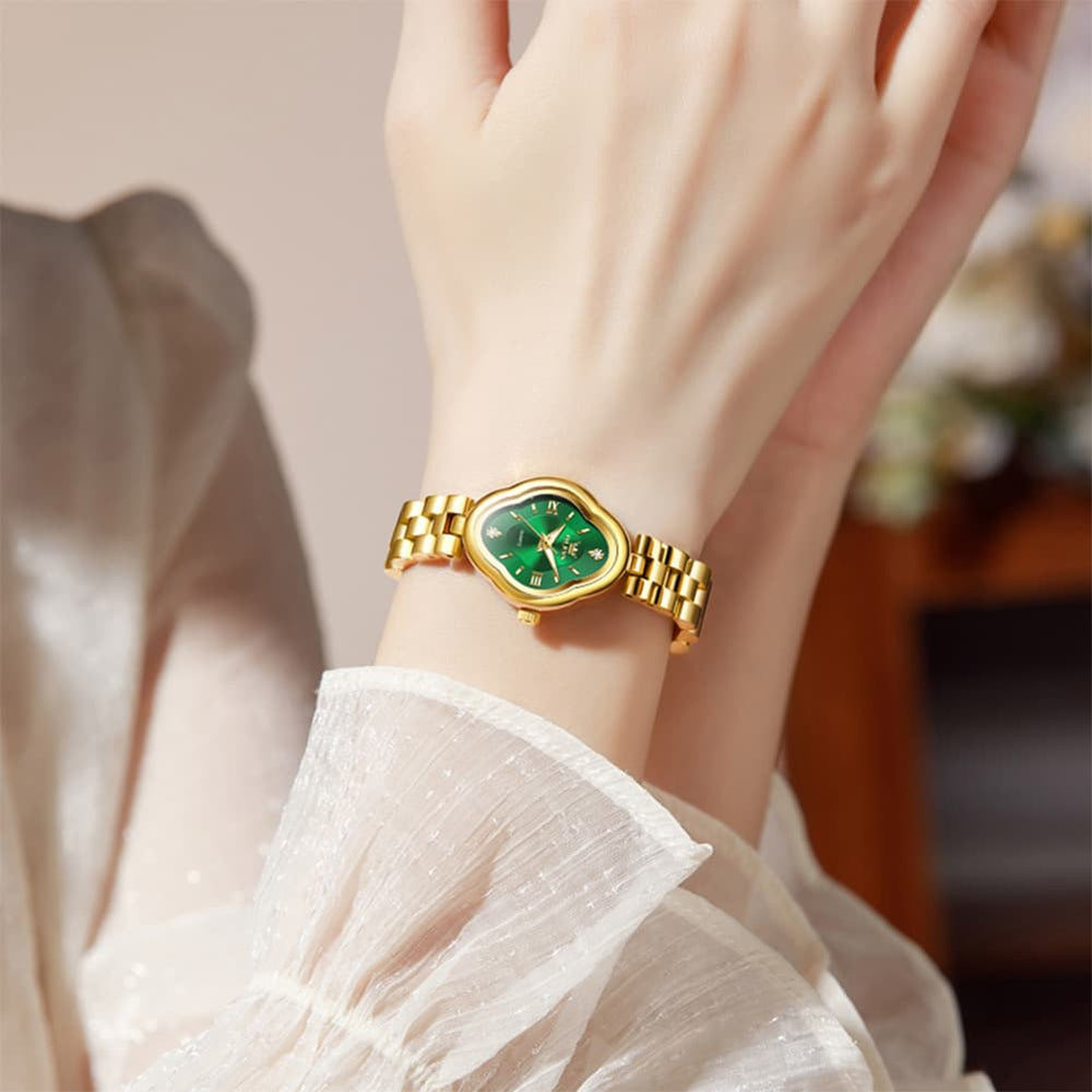 OLEVS 5666 Petal Case Vintage Dress Watch Gold Bracelet Quartz Jewelry Timepiece for Women - Gold Black | Olevs Watch Store