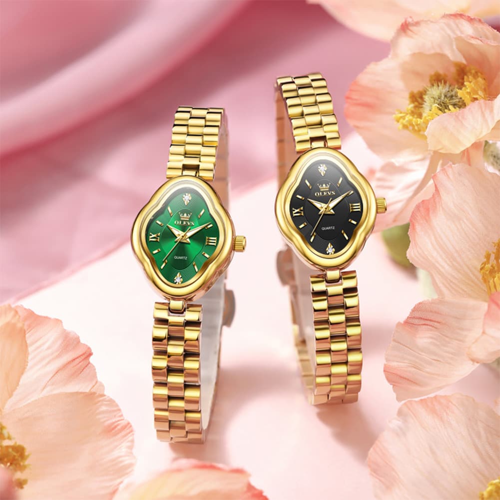 OLEVS 5666 Petal Case Vintage Dress Watch Gold Bracelet Quartz Jewelry Timepiece for Women - Gold Black | Olevs Watch Store