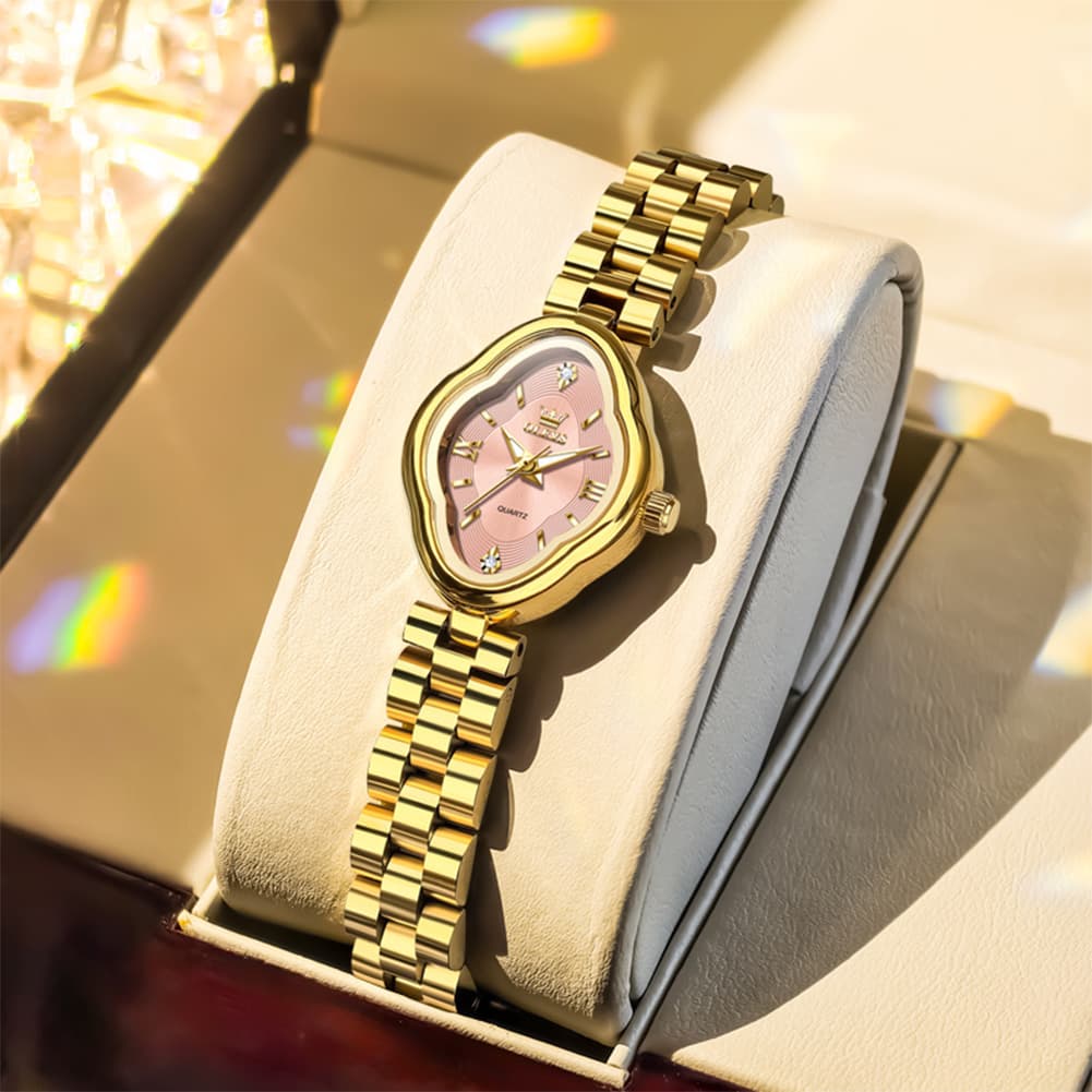 OLEVS 5666 Petal Case Vintage Dress Watch Gold Bracelet Quartz Jewelry Timepiece for Women - Gold Black | Olevs Watch Store