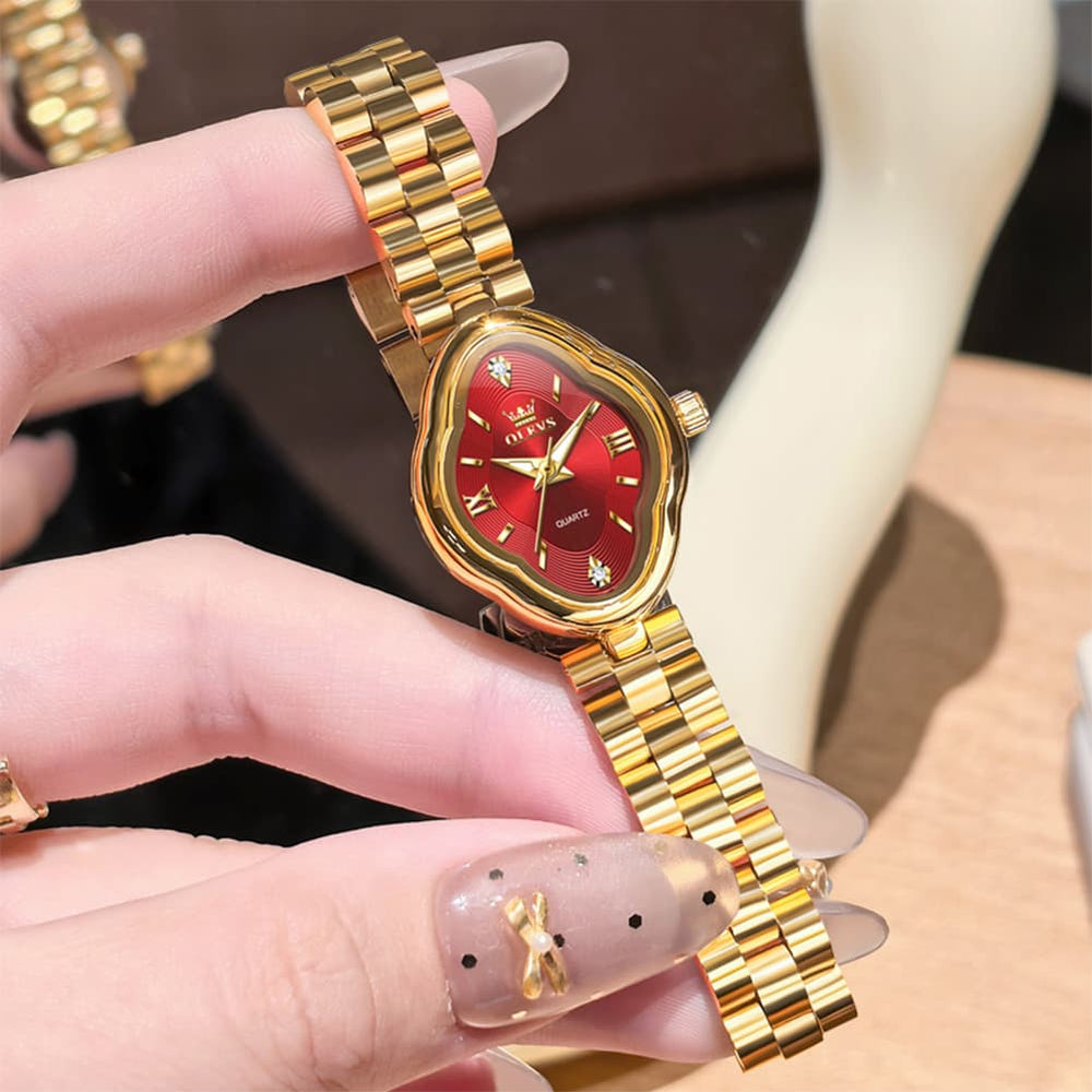 OLEVS 5666 Petal Case Vintage Dress Watch Gold Bracelet Quartz Jewelry Timepiece for Women - Gold Black | Olevs Watch Store