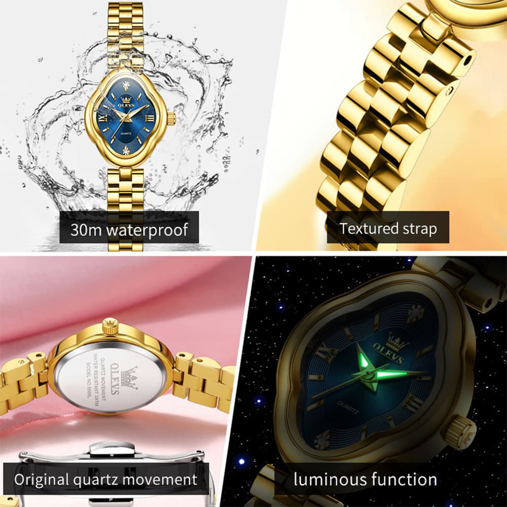 OLEVS 5666 Petal Case Vintage Dress Watch Gold Bracelet Quartz Jewelry Timepiece for Women - Gold Black | Olevs Watch Store