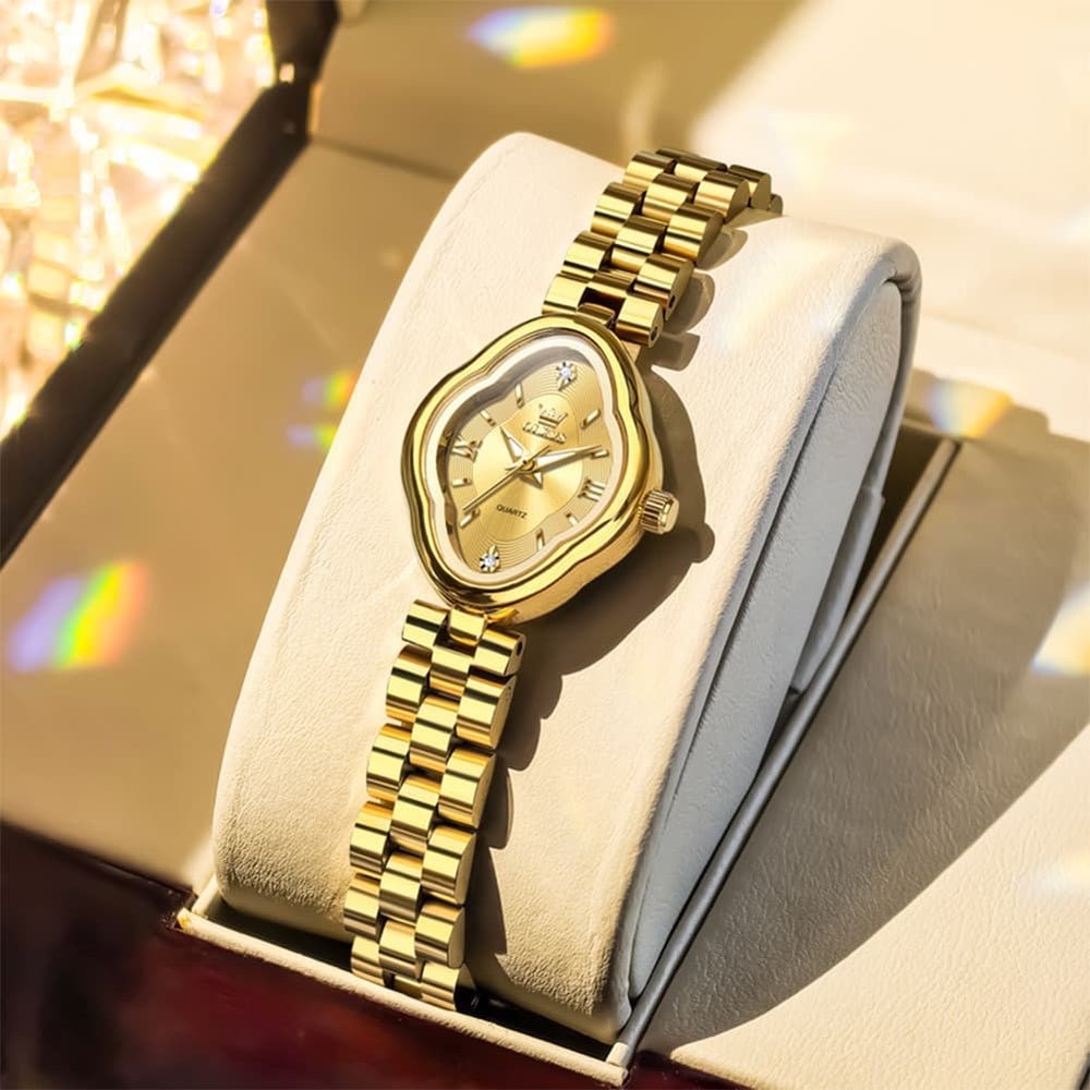 OLEVS 5666 Petal Case Vintage Dress Watch Gold Bracelet Quartz Jewelry Timepiece for Women - Gold Black | Olevs Watch Store