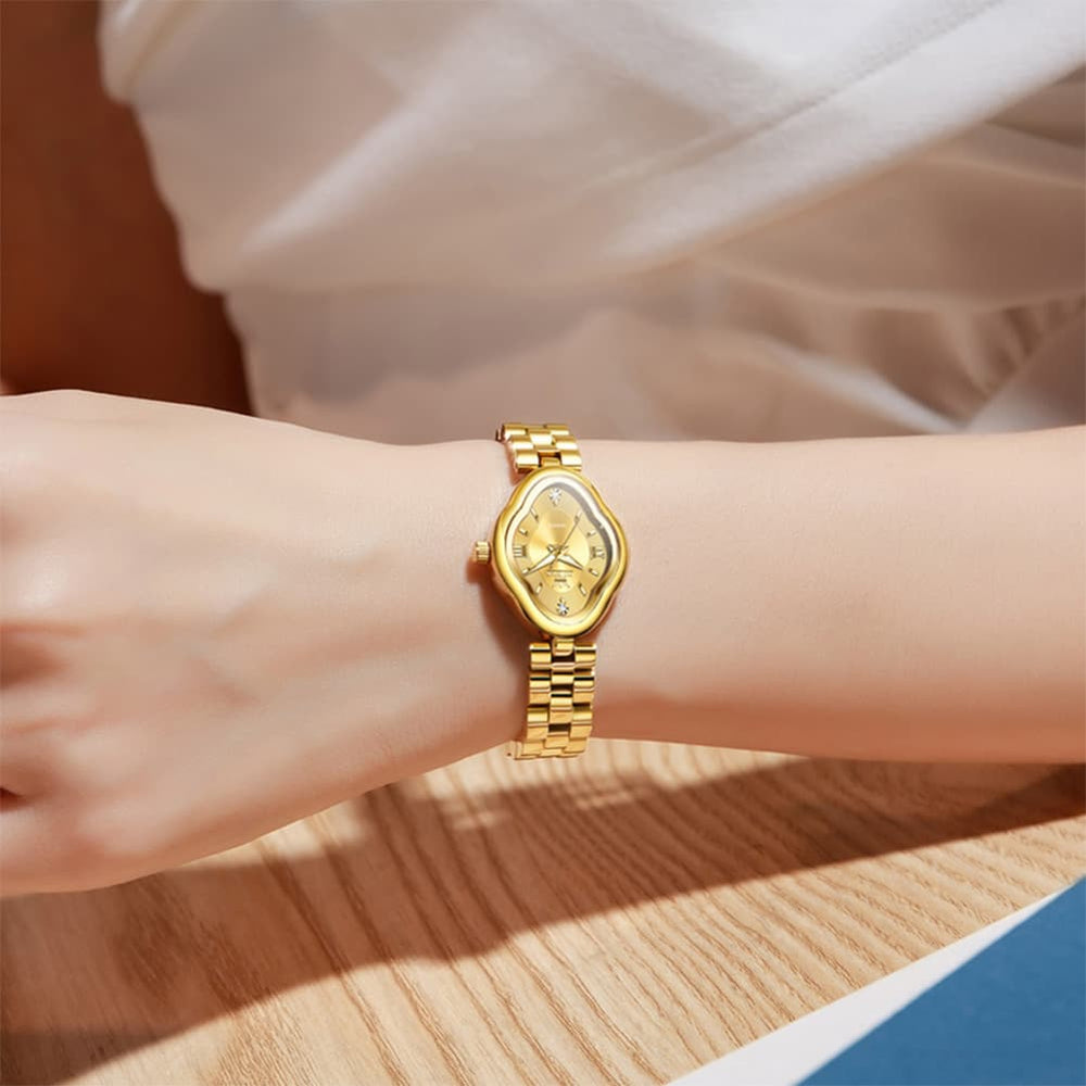 OLEVS 5666 Petal Case Vintage Dress Watch Gold Bracelet Quartz Jewelry Timepiece for Women - Gold Black | Olevs Watch Store