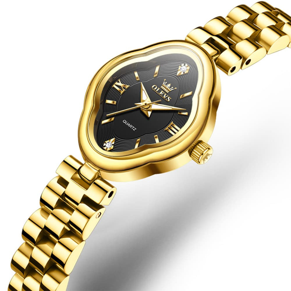OLEVS 5666 Petal Case Vintage Dress Watch Gold Bracelet Quartz Jewelry Timepiece for Women - Gold Black | Olevs Watch Store