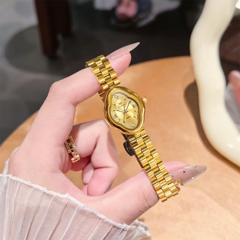 OLEVS 5666 Petal Case Vintage Dress Watch Gold Bracelet Quartz Jewelry Timepiece for Women - Gold Black | Olevs Watch Store