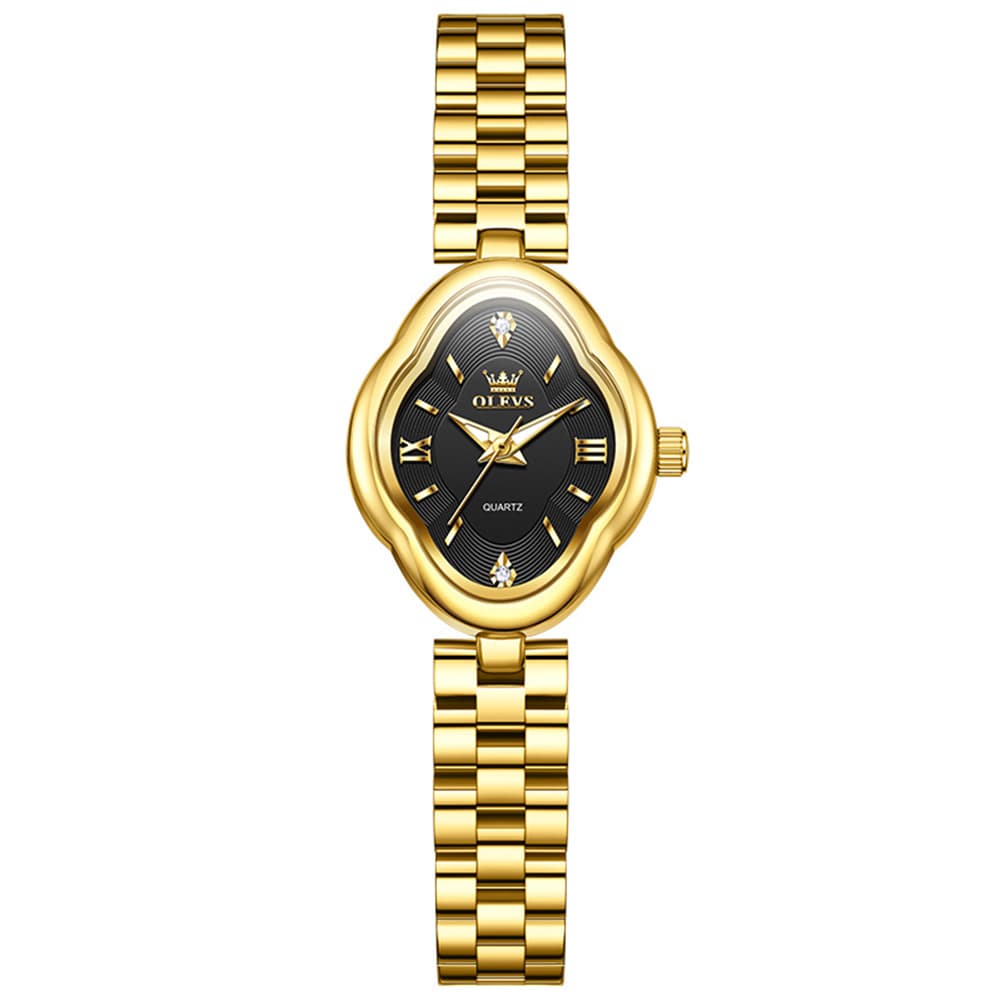 OLEVS 5666 Petal Case Vintage Dress Watch Gold Bracelet Quartz Jewelry Timepiece for Women - Gold Black | Olevs Watch Store