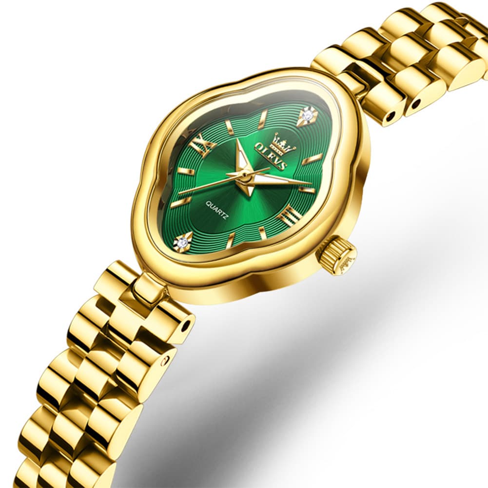 OLEVS 5666 Petal Case Vintage Dress Watch Gold Bracelet Quartz Jewelry Timepiece for Women - Gold Green | Olevs Watch Store