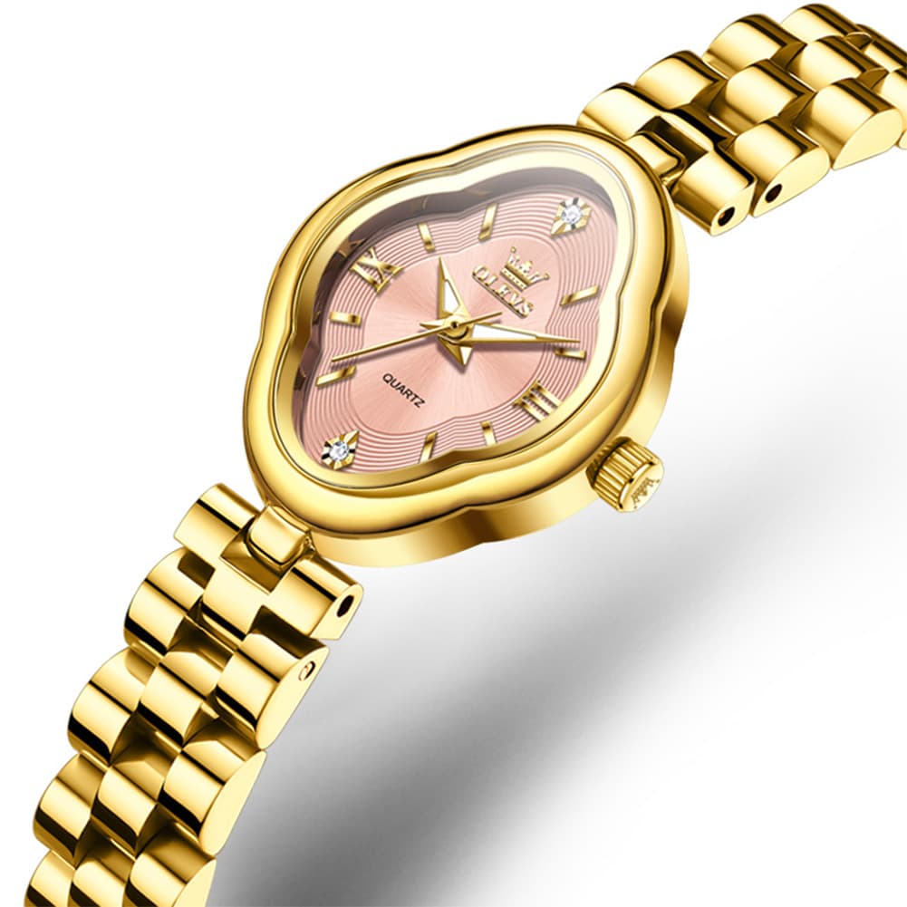OLEVS 5666 Petal Case Vintage Dress Watch Gold Bracelet Quartz Jewelry Timepiece for Women - Gold Pink | Olevs Watch Store