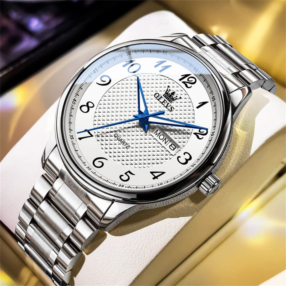 OLEVS 5667 Sapphire Crystal Couple Watch Day Date Stainless Steel Bracelet Timepiece for Men and Women - Olevs Watch Store