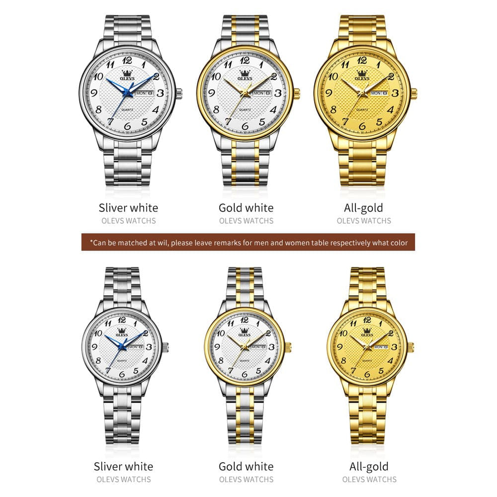 OLEVS 5667 Sapphire Crystal Couple Watch Day Date Stainless Steel Bracelet Timepiece for Men and Women - Olevs Watch Store