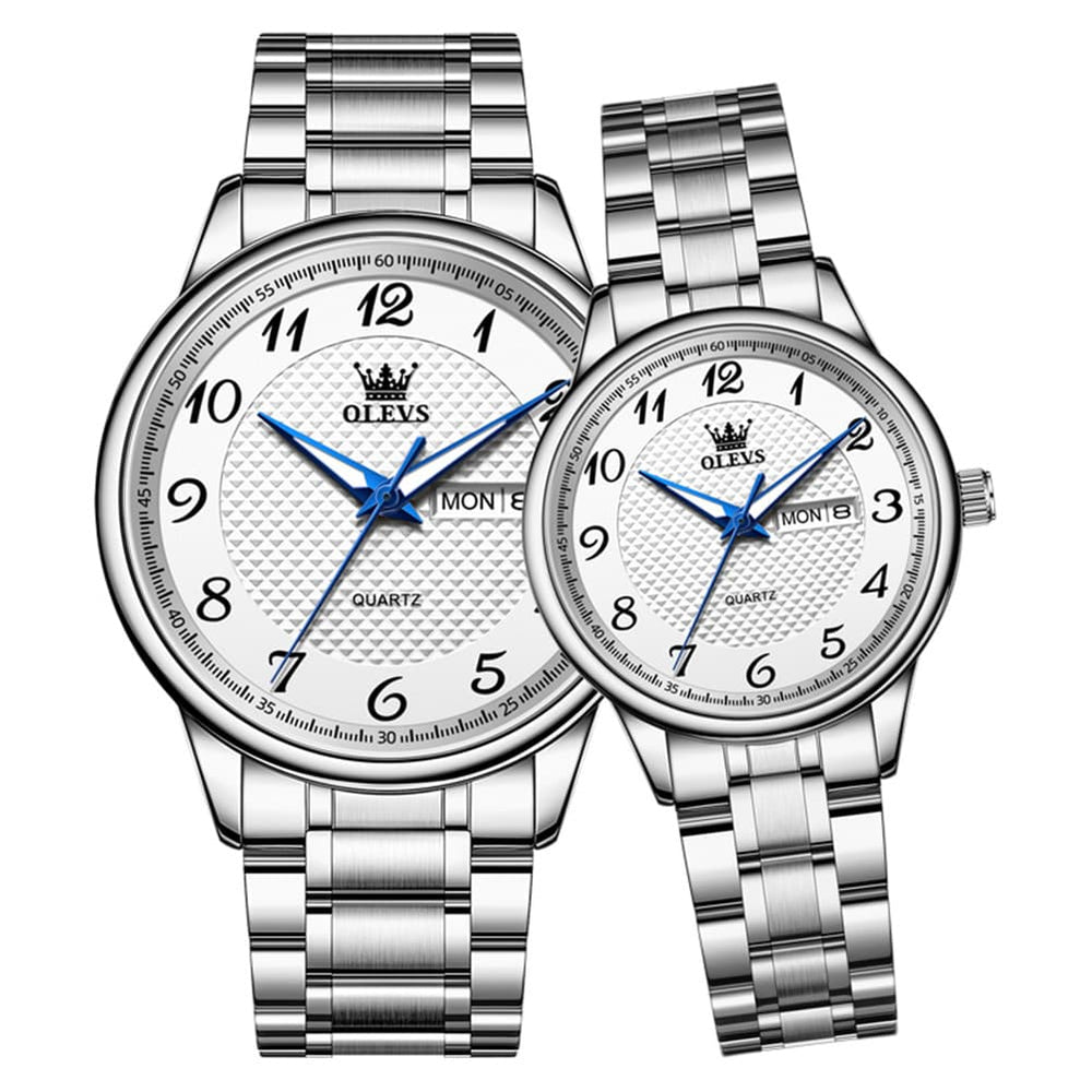 OLEVS 5667 Sapphire Crystal Couple Watch Day Date Stainless Steel Bracelet Timepiece for Men and Women - Olevs Watch Store