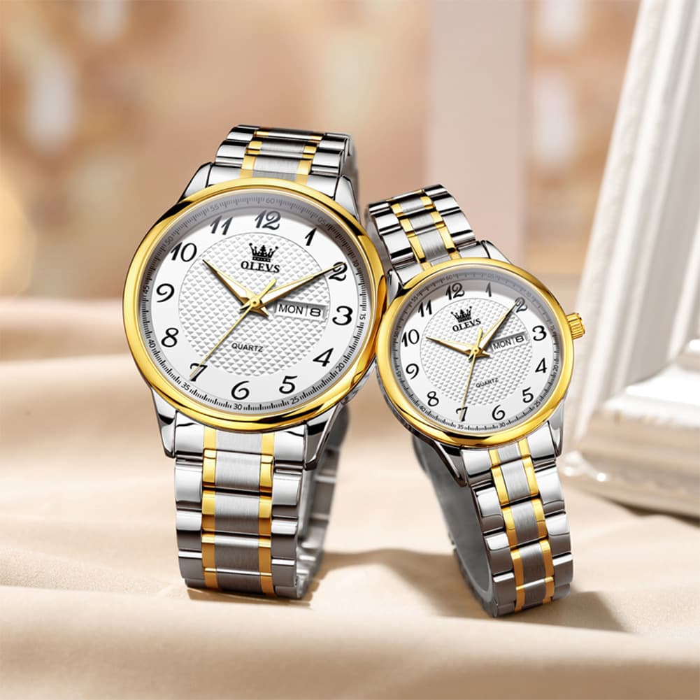 OLEVS 5667 Sapphire Crystal Couple Watch Day Date Stainless Steel Bracelet Timepiece for Men and Women - Olevs Watch Store