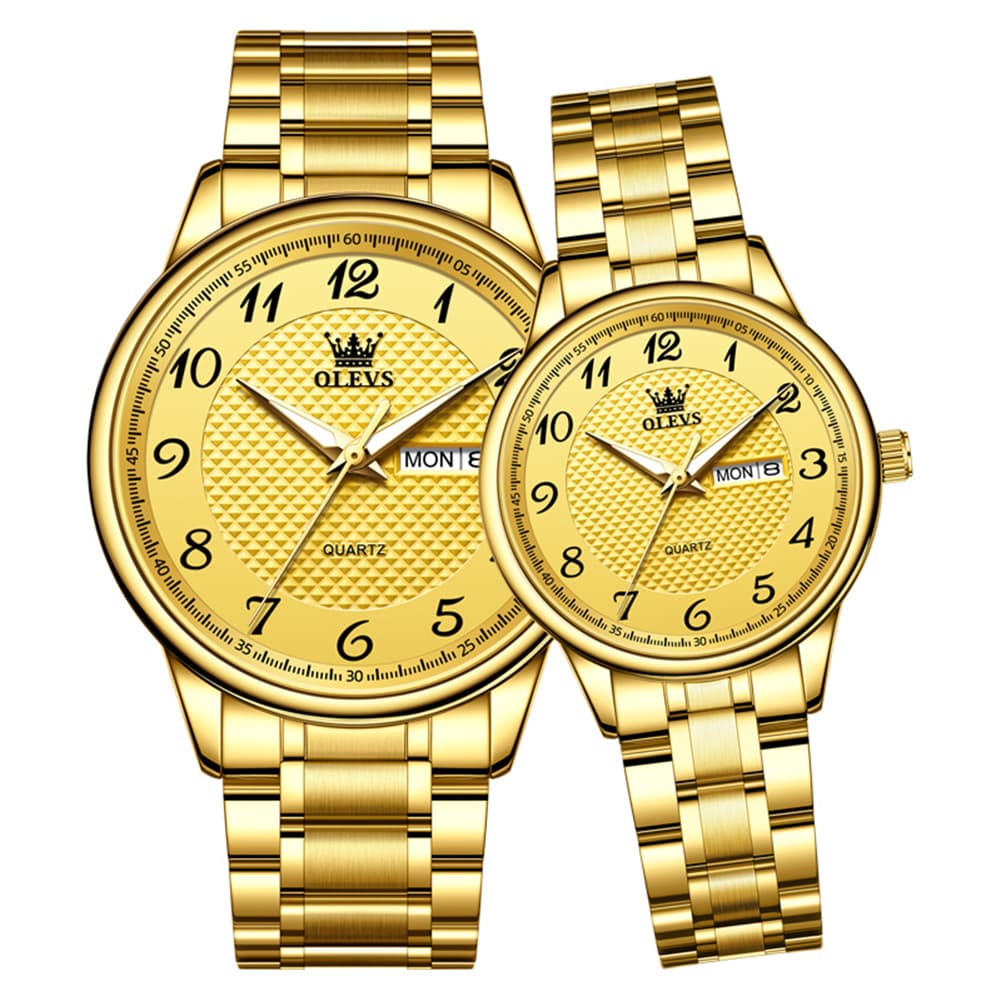 OLEVS 5667 Sapphire Crystal Couple Watch Day Date Stainless Steel Bracelet Timepiece for Men and Women - Olevs Watch Store