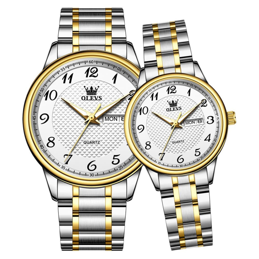 OLEVS 5667 Sapphire Crystal Couple Watch Day Date Stainless Steel Bracelet Timepiece for Men and Women - Olevs Watch Store