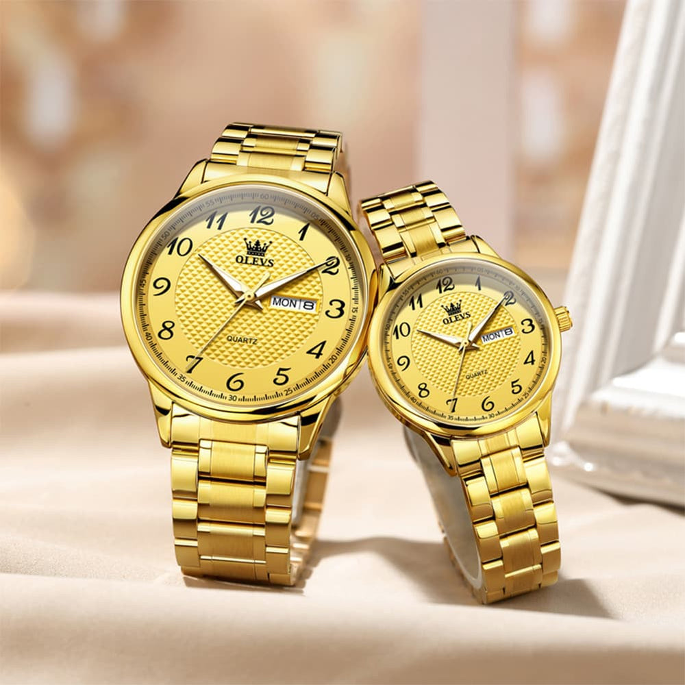 OLEVS 5667 Sapphire Crystal Couple Watch Day Date Stainless Steel Bracelet Timepiece for Men and Women - Olevs Watch Store