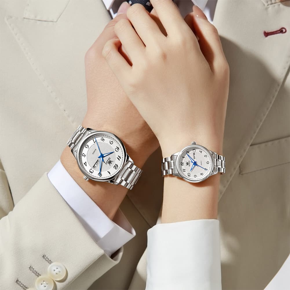 OLEVS 5667 Sapphire Crystal Couple Watch Day Date Stainless Steel Bracelet Timepiece for Men and Women - Olevs Watch Store