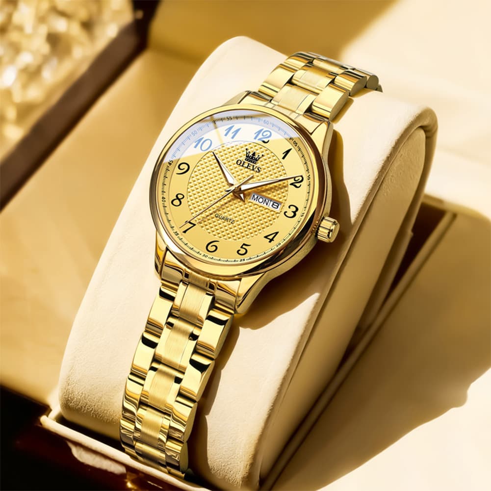 OLEVS 5667 Sapphire Crystal Couple Watch Day Date Stainless Steel Bracelet Timepiece for Men and Women - Olevs Watch Store