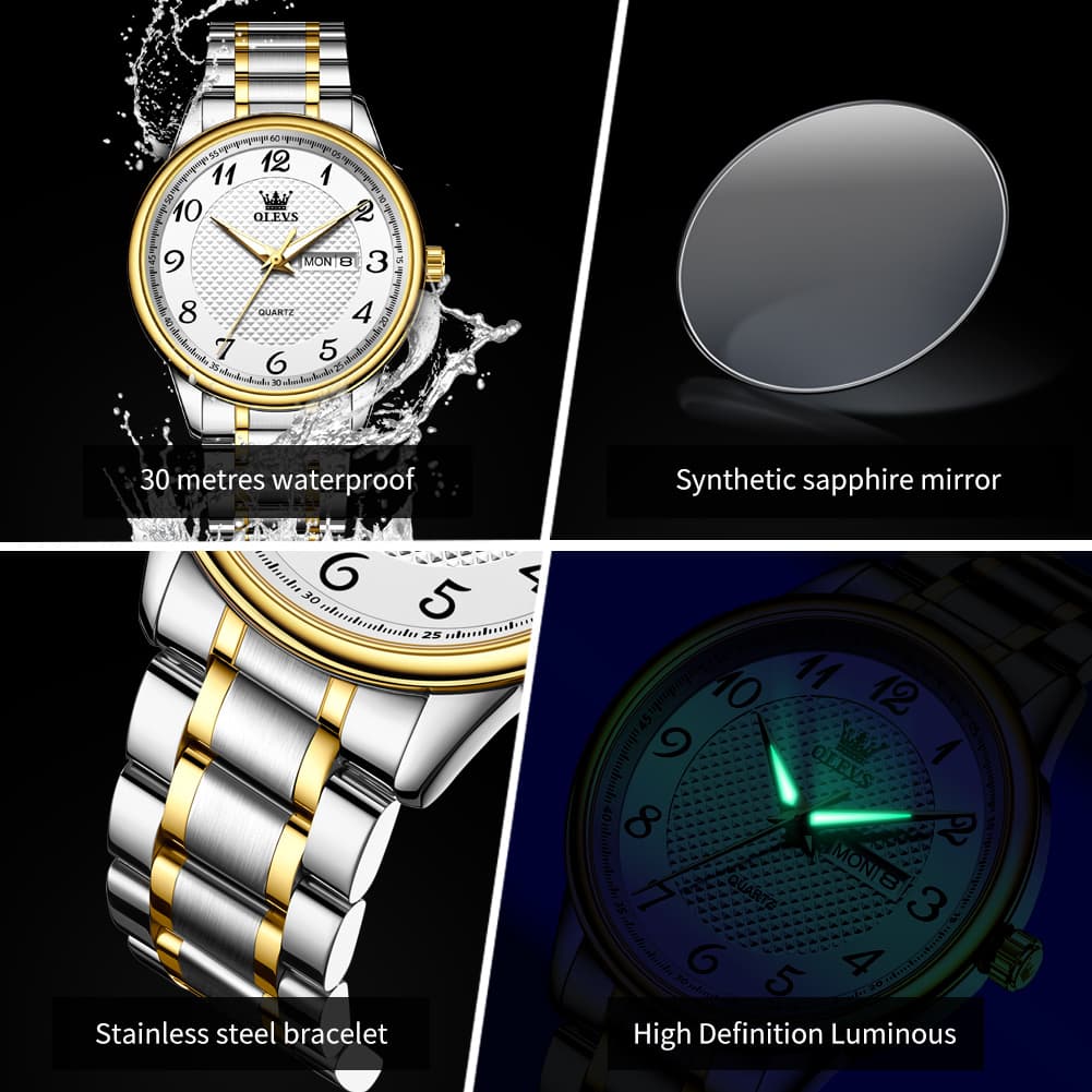 OLEVS 5667 Sapphire Crystal Couple Watch Day Date Stainless Steel Bracelet Timepiece for Men and Women - Olevs Watch Store
