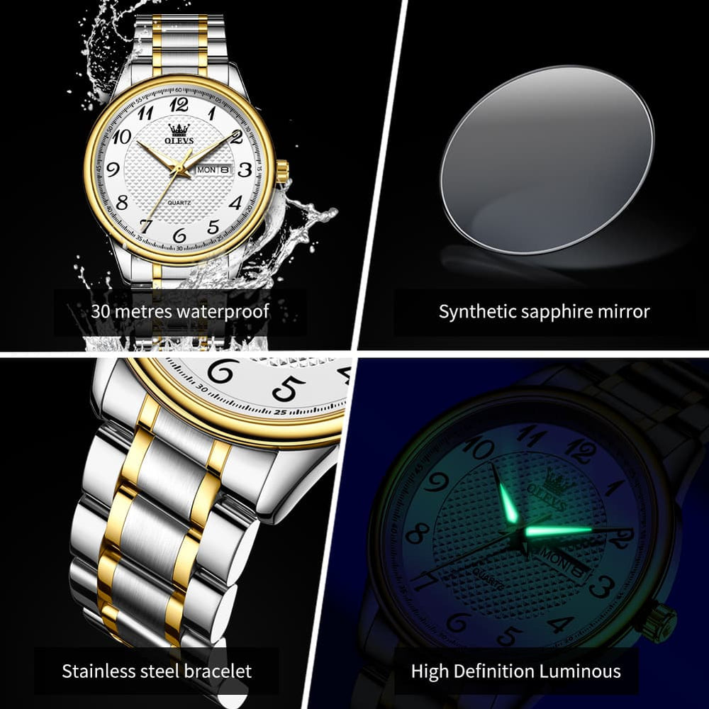 OLEVS 5667 Sapphire Crystal Couple Watch Day Date Stainless Steel Bracelet Timepiece for Men and Women - Olevs Watch Store