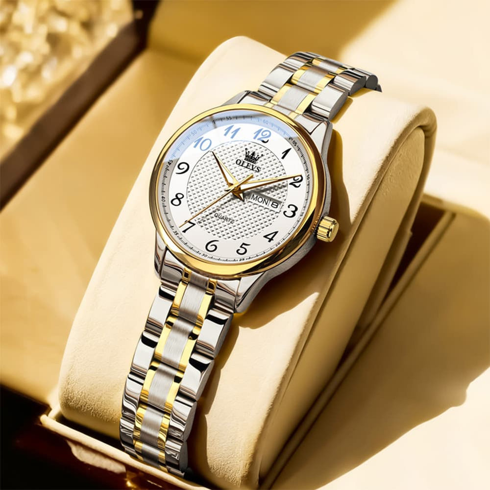 OLEVS 5667 Sapphire Crystal Couple Watch Day Date Stainless Steel Bracelet Timepiece for Men and Women - Olevs Watch Store