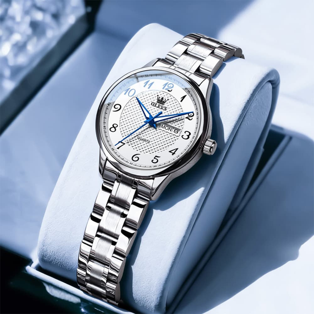 OLEVS 5667 Sapphire Crystal Couple Watch Day Date Stainless Steel Bracelet Timepiece for Men and Women - Olevs Watch Store