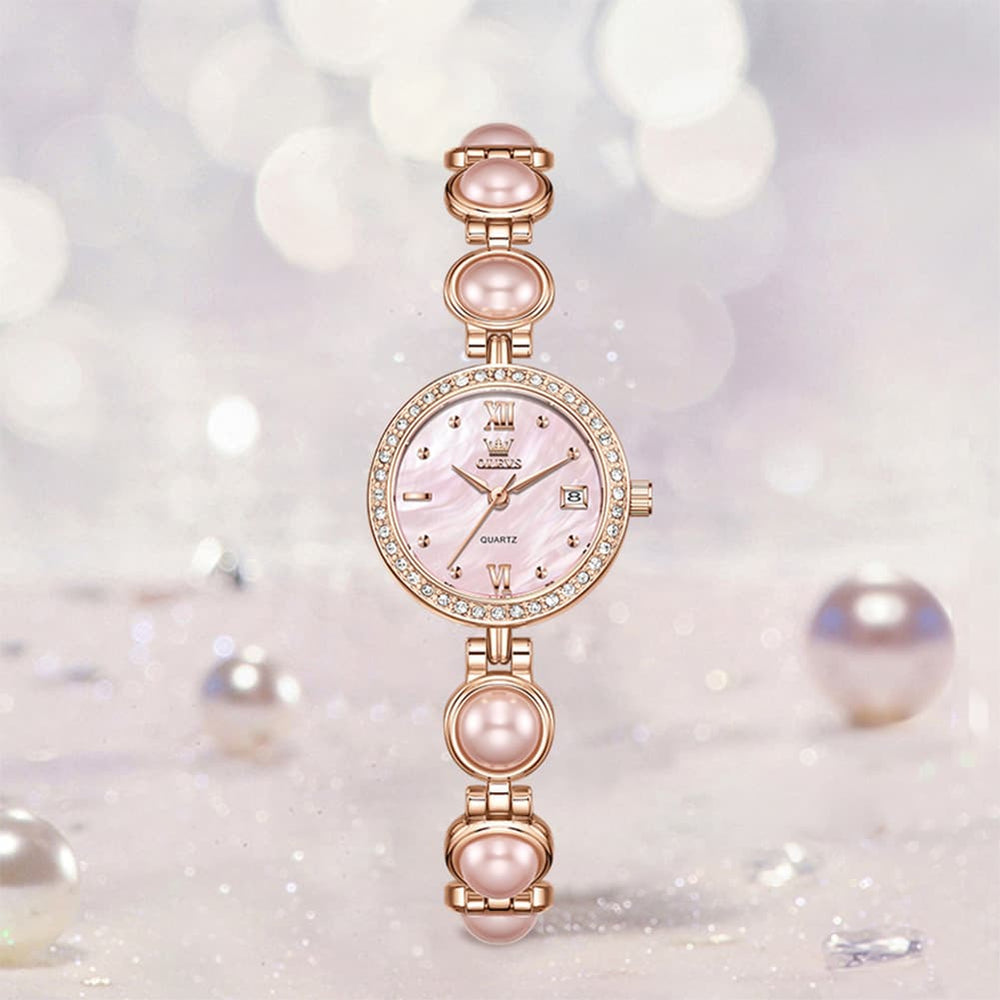 OLEVS 5669 Pearl Bracelet Watch Zircon Bezel Quartz Jewelry Timepiece for Women - Silver Pink Watch | Olevs Watch Store