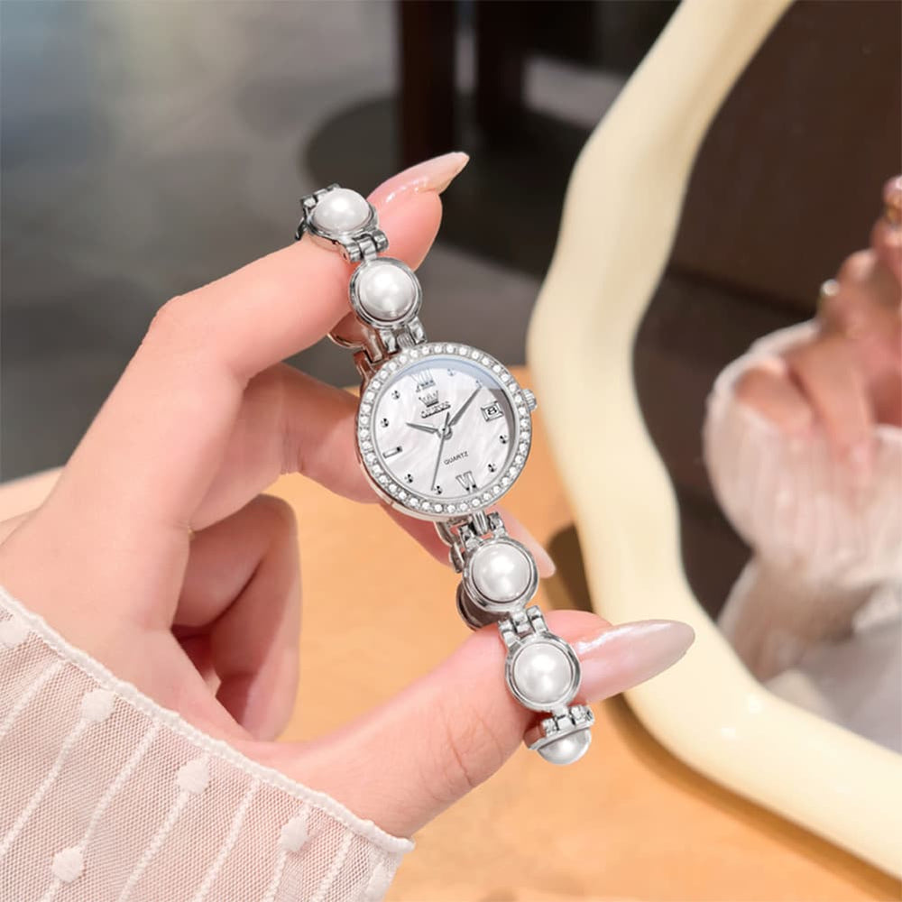 OLEVS 5669 Pearl Bracelet Watch Zircon Bezel Quartz Jewelry Timepiece for Women - Silver Pink Watch | Olevs Watch Store
