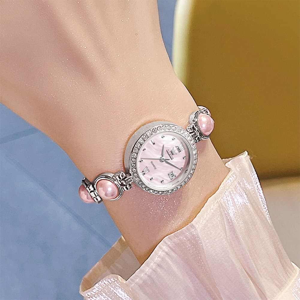 OLEVS 5669 Pearl Bracelet Watch Zircon Bezel Quartz Jewelry Timepiece for Women - Silver Pink Watch | Olevs Watch Store