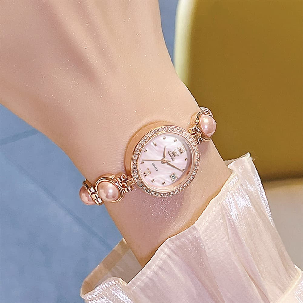 OLEVS 5669 Pearl Bracelet Watch Zircon Bezel Quartz Jewelry Timepiece for Women - Silver Pink Watch | Olevs Watch Store