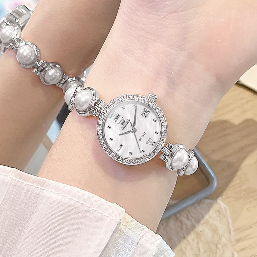 OLEVS 5669 Pearl Bracelet Watch Zircon Bezel Quartz Jewelry Timepiece for Women - Silver Pink Watch | Olevs Watch Store