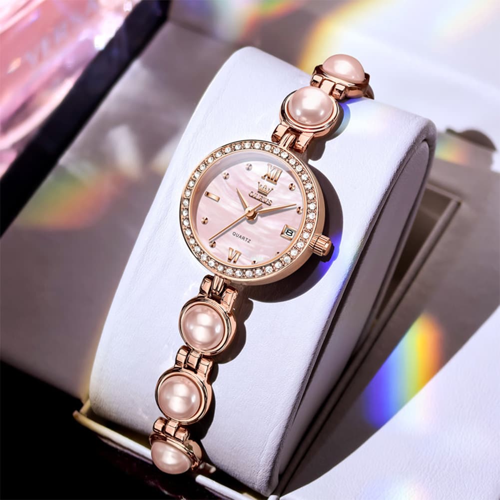 OLEVS 5669 Pearl Bracelet Watch Zircon Bezel Quartz Jewelry Timepiece for Women - Silver Pink Watch | Olevs Watch Store