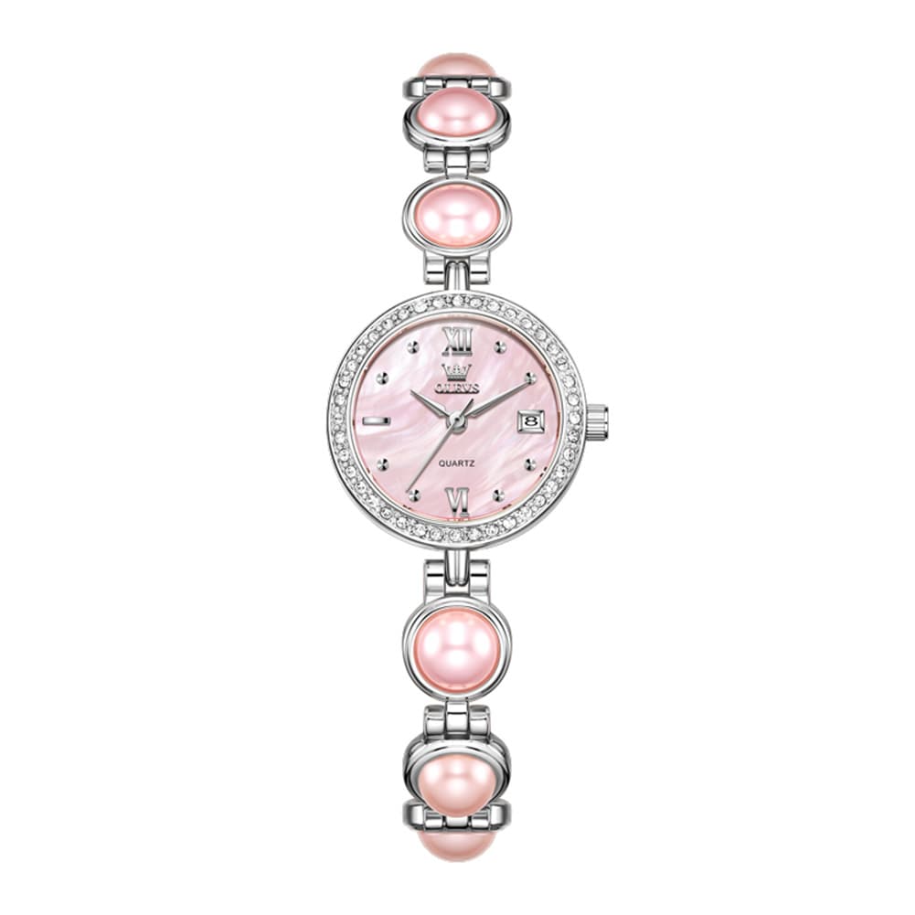 OLEVS 5669 Pearl Bracelet Watch Zircon Bezel Quartz Jewelry Timepiece for Women - Silver Pink Watch | Olevs Watch Store