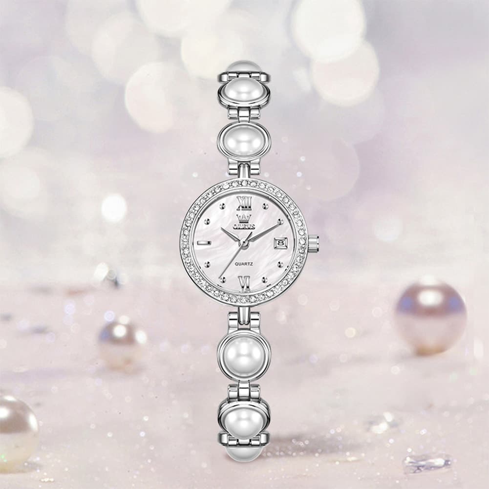 OLEVS 5669 Pearl Bracelet Watch Zircon Bezel Quartz Jewelry Timepiece for Women - Silver Pink Watch | Olevs Watch Store