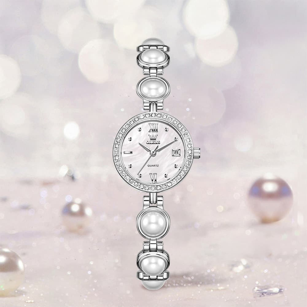 OLEVS 5669 Pearl Bracelet Watch Zircon Bezel Quartz Jewelry Timepiece for Women - Silver Pink Watch | Olevs Watch Store