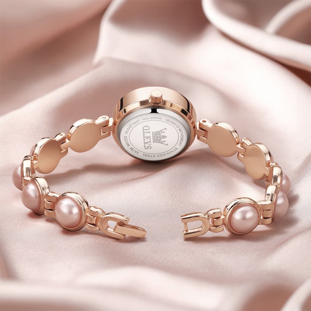 OLEVS 5669 Pearl Bracelet Watch Zircon Bezel Quartz Jewelry Timepiece for Women - Silver Pink Watch | Olevs Watch Store