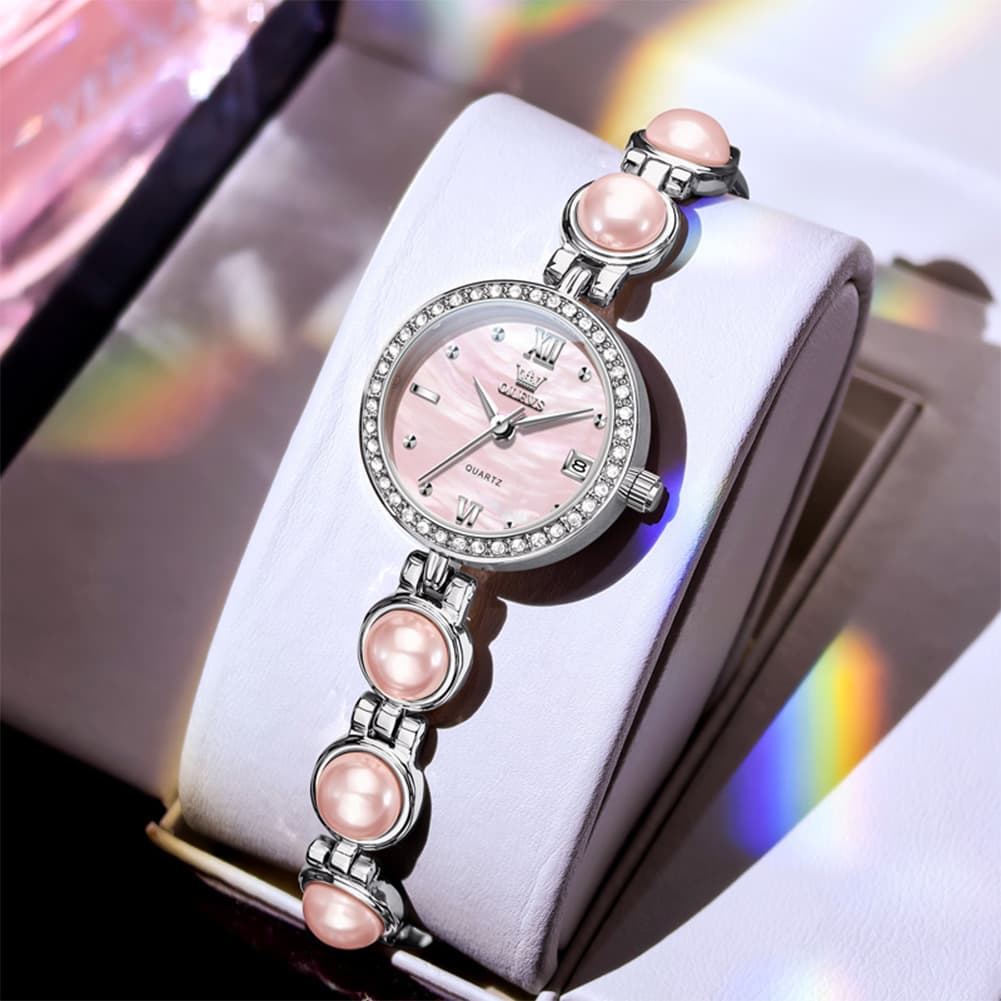 OLEVS 5669 Pearl Bracelet Watch Zircon Bezel Quartz Jewelry Timepiece for Women - Silver Pink Watch | Olevs Watch Store