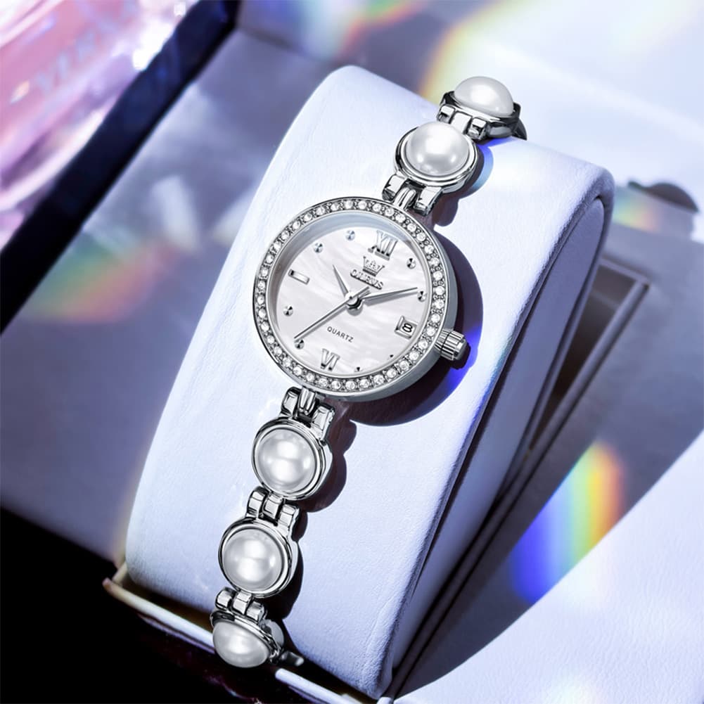 OLEVS 5669 Pearl Bracelet Watch Zircon Bezel Quartz Jewelry Timepiece for Women - Silver Pink Watch | Olevs Watch Store