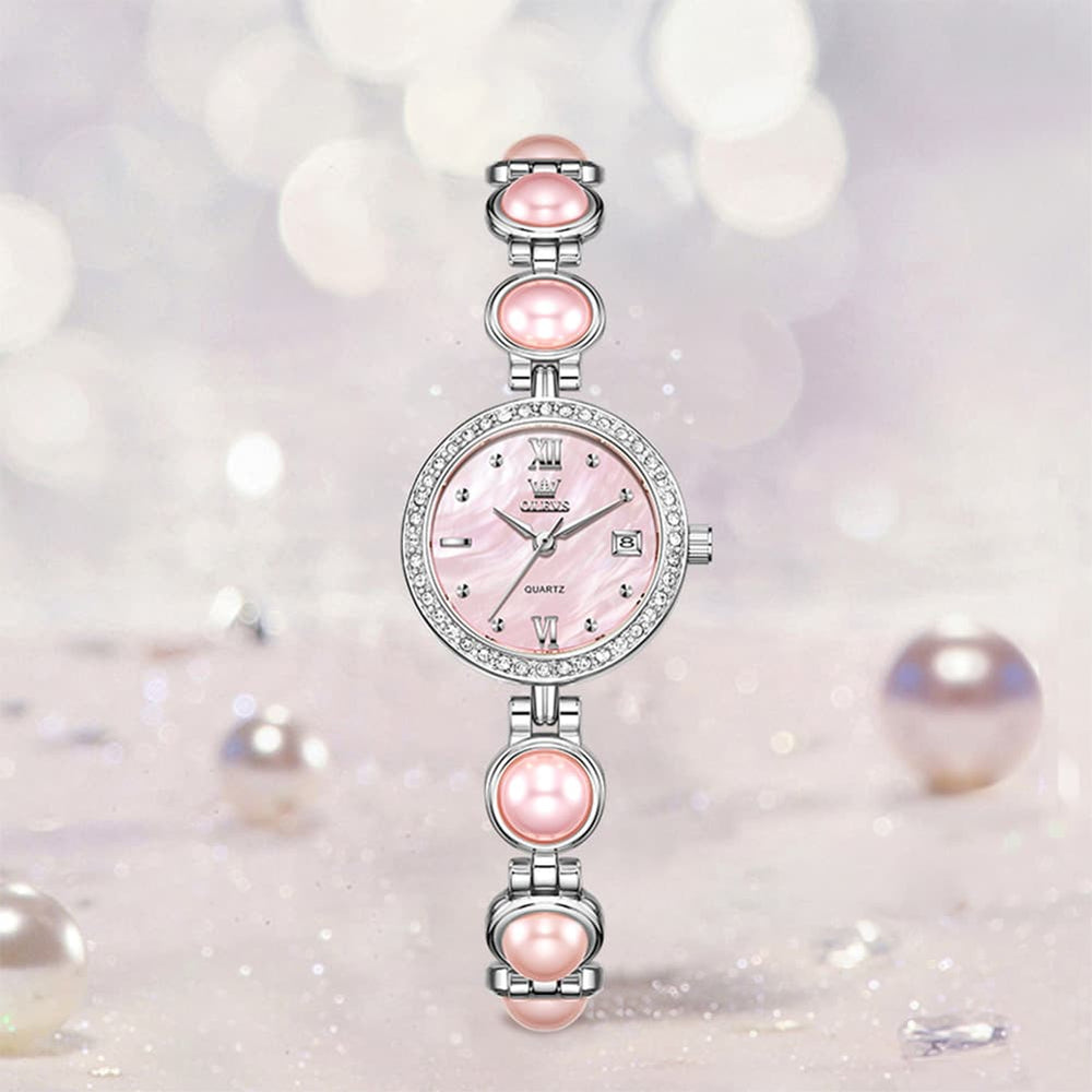 OLEVS 5669 Pearl Bracelet Watch Zircon Bezel Quartz Jewelry Timepiece for Women - Silver Pink Watch | Olevs Watch Store