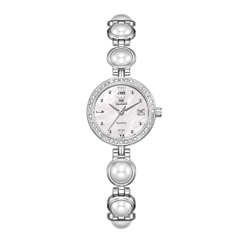 OLEVS 5669 Pearl Bracelet Watch Zircon Bezel Quartz Jewelry Timepiece for Women - Silver White Watch | Olevs Watch Store