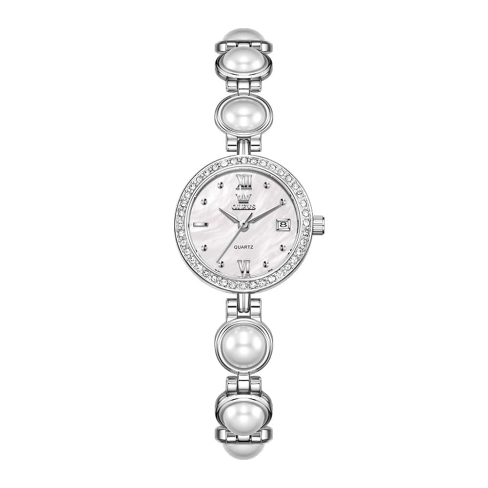 OLEVS 5669 Pearl Bracelet Watch Zircon Bezel Quartz Jewelry Timepiece for Women - Silver White Watch | Olevs Watch Store