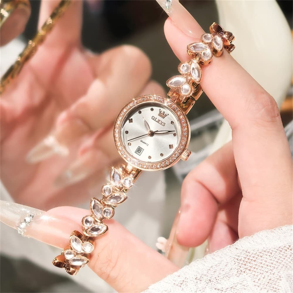 OLEVS 5679 Crystal Cluster Bracelet Watch Zircon Bezel Date Quartz Jewelry Timepiece for Women - Olevs Watch Store