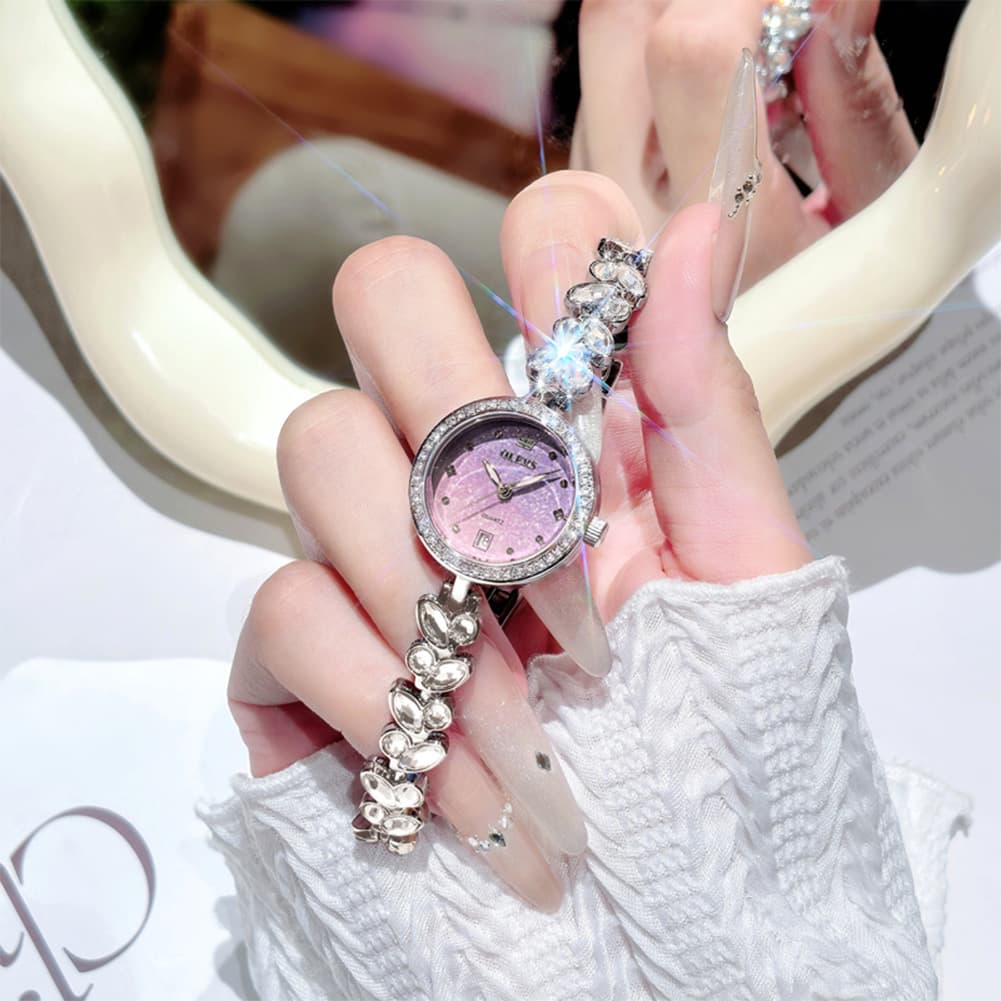 OLEVS 5679 Crystal Cluster Bracelet Watch Zircon Bezel Date Quartz Jewelry Timepiece for Women - Olevs Watch Store