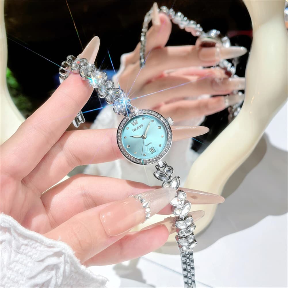 OLEVS 5679 Crystal Cluster Bracelet Watch Zircon Bezel Date Quartz Jewelry Timepiece for Women - Olevs Watch Store