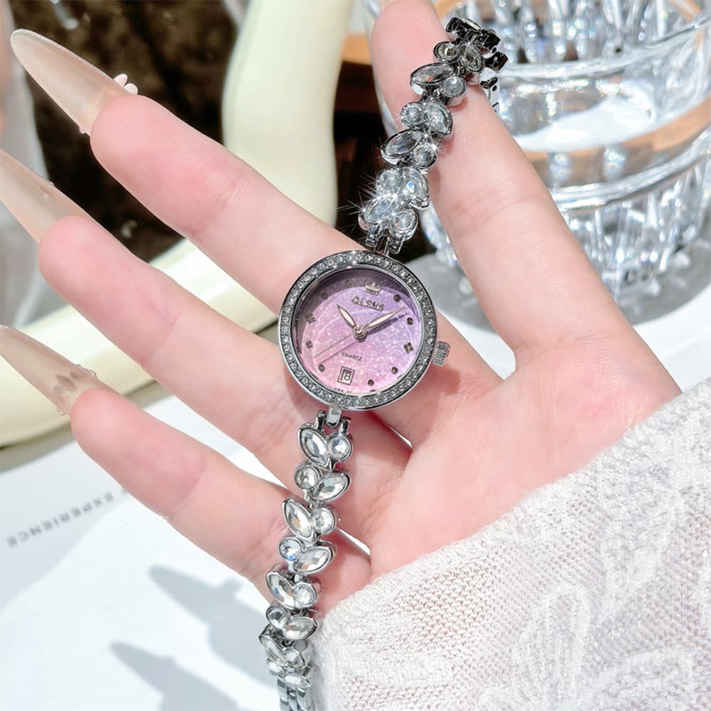 OLEVS 5679 Crystal Cluster Bracelet Watch Zircon Bezel Date Quartz Jewelry Timepiece for Women - Olevs Watch Store