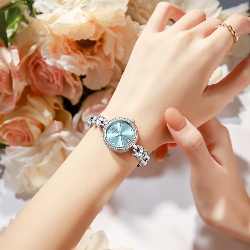 OLEVS 5679 Crystal Cluster Bracelet Watch Zircon Bezel Date Quartz Jewelry Timepiece for Women - Olevs Watch Store