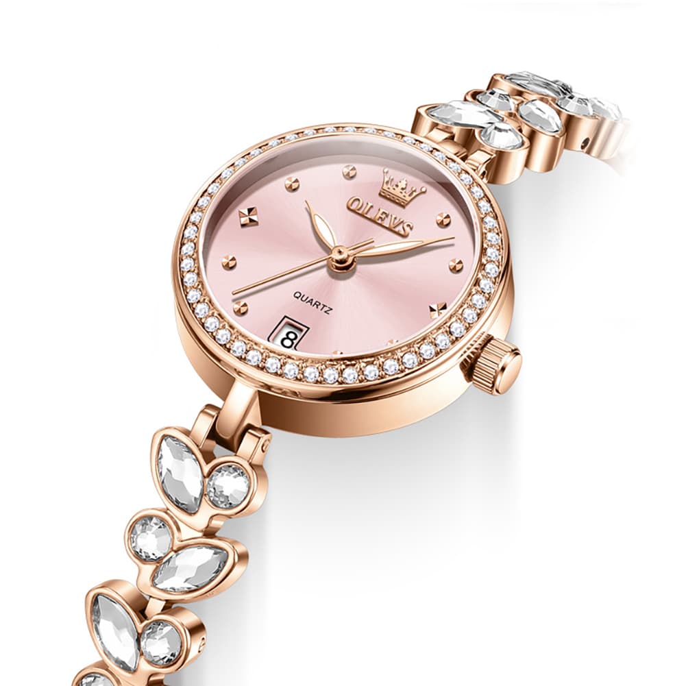 OLEVS 5679 Crystal Cluster Bracelet Watch Zircon Bezel Date Quartz Jewelry Timepiece for Women - Olevs Watch Store