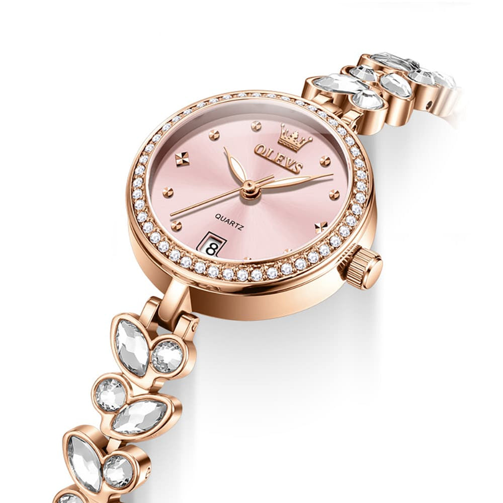 OLEVS 5679 Crystal Cluster Bracelet Watch Zircon Bezel Date Quartz Jewelry Timepiece for Women - Olevs Watch Store